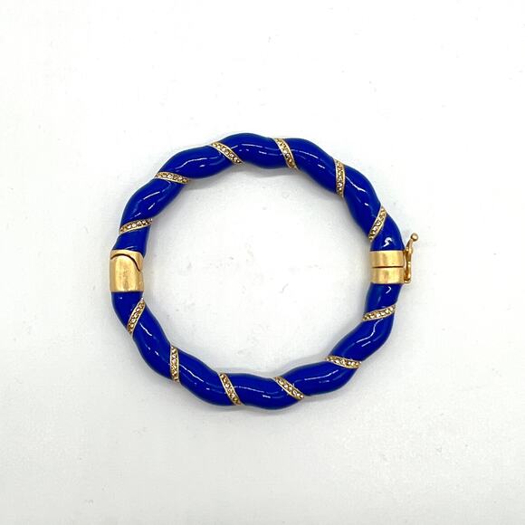 CLARE V Gold Plated Enamel Rope Bangle Bracelet Blue Rhinestone Crystal NEW - Picture 7 of 11